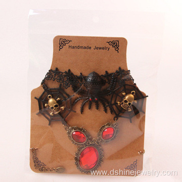 Spider skull charm choker Red stone pendant Lace Necklace